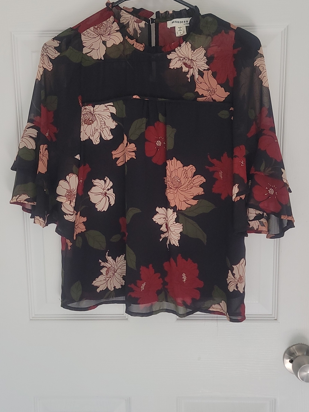 Monteau Black Floral Sheer Ruffle Sleeve Blouse Size S